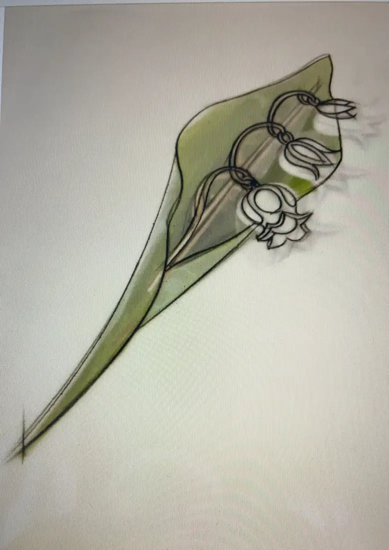 Primo disegno: la foglia diventa corpo portante, i boccioli diventano pendenti.