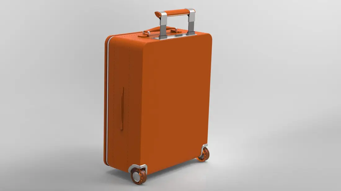 Trolley completo in arancio, quattro ruote, presa superiore a scomparsa.